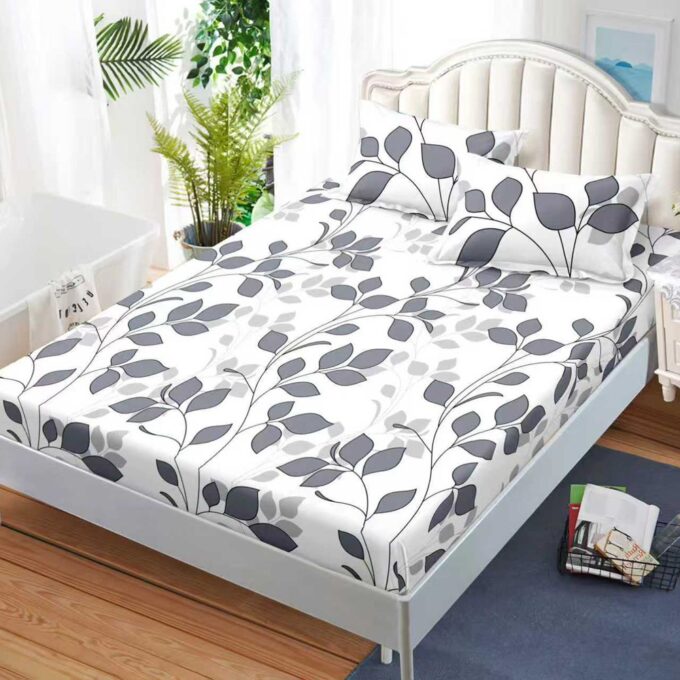 Cearsaf cu Elastic, Bumbac Satinat, 160x200 cm + 2 Fete de Perna 50x70 cm, Alb, frunze gri 1 Cearsaf cu Elastic, Bumbac Satinat, 160x200 cm + 2 Fete de Perna 50x70 cm, Alb, frunze gri