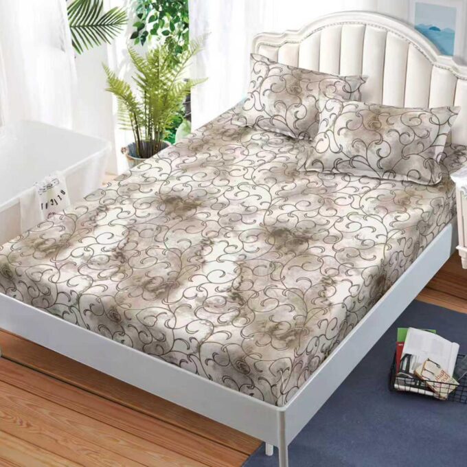 Cearsaf cu Elastic, Bumbac Satinat, 160x200 cm + 2 Fete de Perna 50x70 cm, Bej, abstract