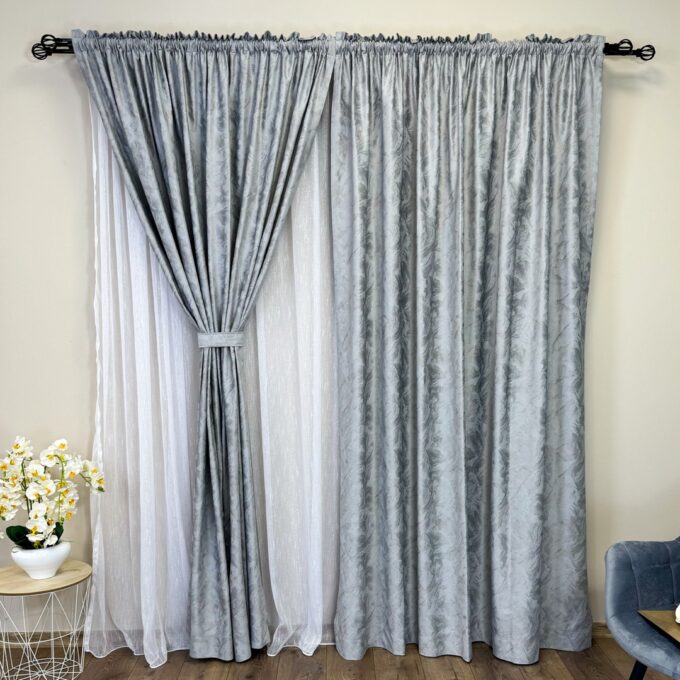 Set 2 Draperii Catifea MYKONOS cu valuri rafinate aurii, Gri deschis - V12, 140cm latime x 260cm inaltime cu tiv lat pt bara