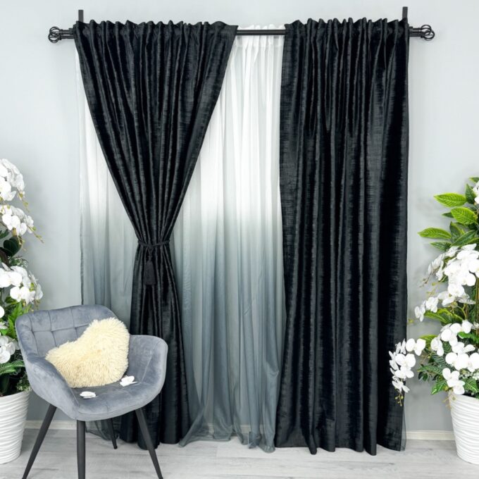 Set 2 Draperii Catifea cu model Venti, Negru, 140cm latime x 260cm inaltime, cu tiv lat pt bara 1 Set 2 Draperii Catifea cu model Venti, Negru, 140cm latime x 260cm inaltime, cu tiv lat pt bara