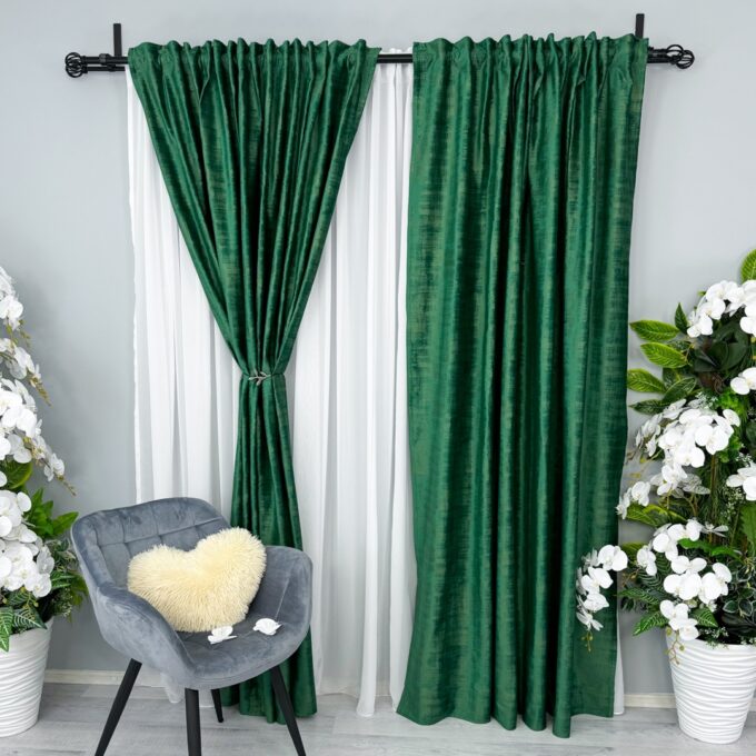 Set 2 Draperii Catifea cu model Venti, Verde Smarald, 140cm latime x 260cm inaltime, cu tiv lat pt bara