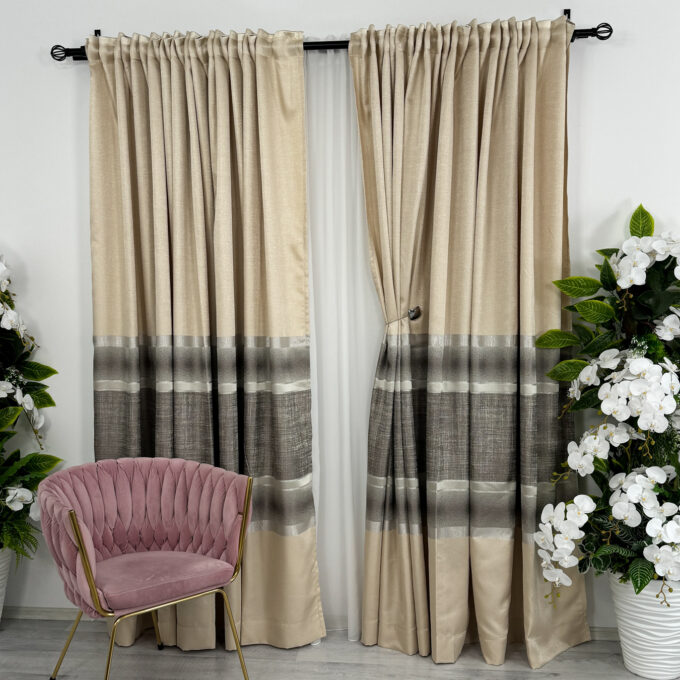 Set 2 Draperii Elite, Satinata, Texturata, Bej cu Gri, 140cm latime x 260cm inaltime, cu tiv lat pt bara
