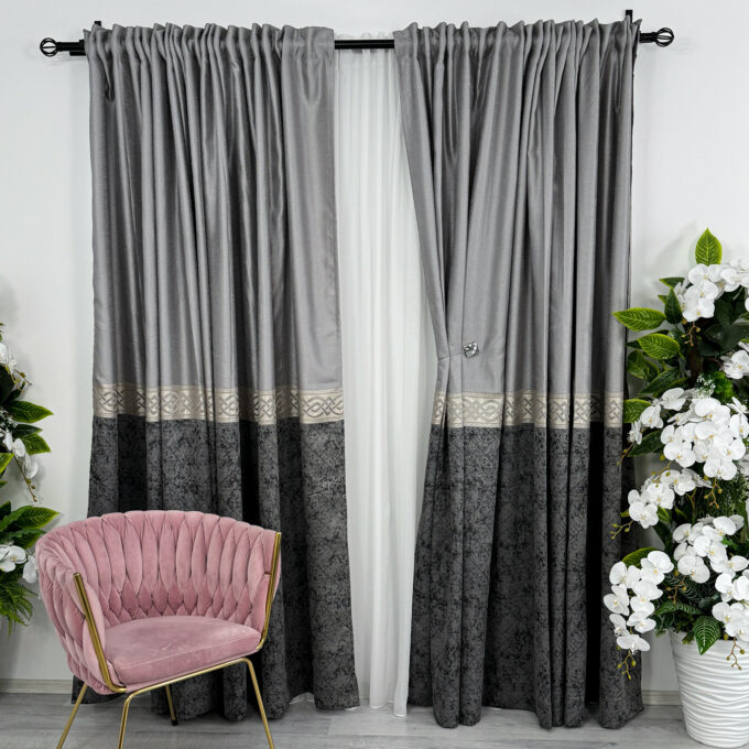 Draperie Royal, Satinata, Texturata, Gri cu Antracit, 140cm latime x 260cm inaltime, cu tiv lat pt bara