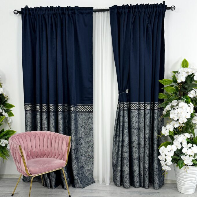 Set 2 Draperii Royal, Satinata, Texturata, Bleumarin cu Gri, 140cm latime x 260cm inaltime, cu tiv lat pt bara