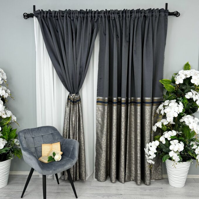 Set 2 Draperii Simplicity, Satinata, Texturata, Antracit cu Bej, 140cm latime x 260cm inaltime, cu tiv lat pt bara