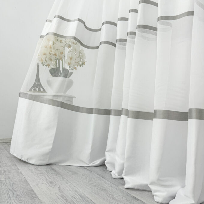 Perdea Diamond din Matase cu Banda Satinata, Alb - Gri, 140cm latime x 260cm inaltime, cu rejansa pt bara