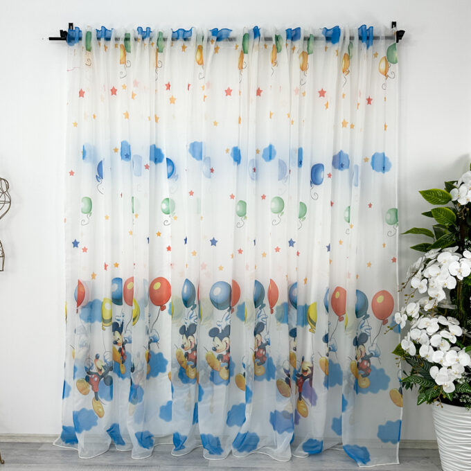 Perdea pentru Copii din Matase, Imprimata, model Mickey cu baloane, 140cm latime x 260cm inaltime, cu rejansa pt bara 1 Perdea pentru Copii din Matase, Imprimata, model Mickey cu baloane, 140cm latime x 260cm inaltime, cu rejansa pt bara