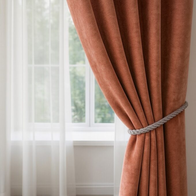 Set 2 Draperii Blackout 80%, din Catifea, Somon inchis, 140cm latime x 260cm inaltime, cu tiv lat pt bara
