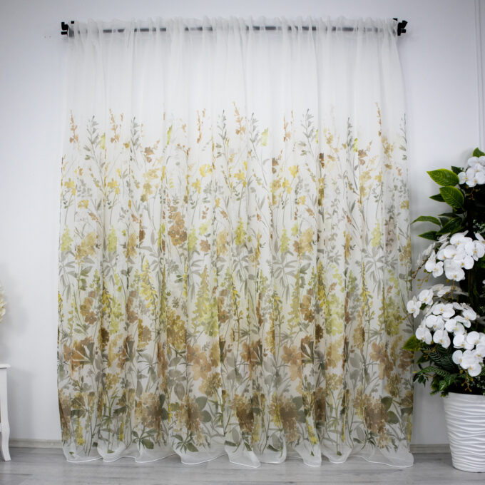 Perdea din matase imprimata, flori maro, 100cm latime x 260cm inaltime, cu rejansa pt bara