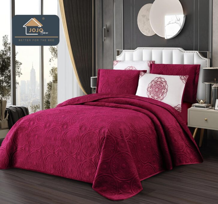 Cuvertura pat dublu, 5 piese, Finet Premium Matlasat, 220x240cm, Jojo Home, Grena