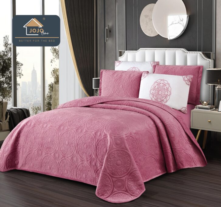 Cuvertura pat dublu, 5 piese, Finet Premium Matlasat, 220x240cm, Jojo Home, Roz