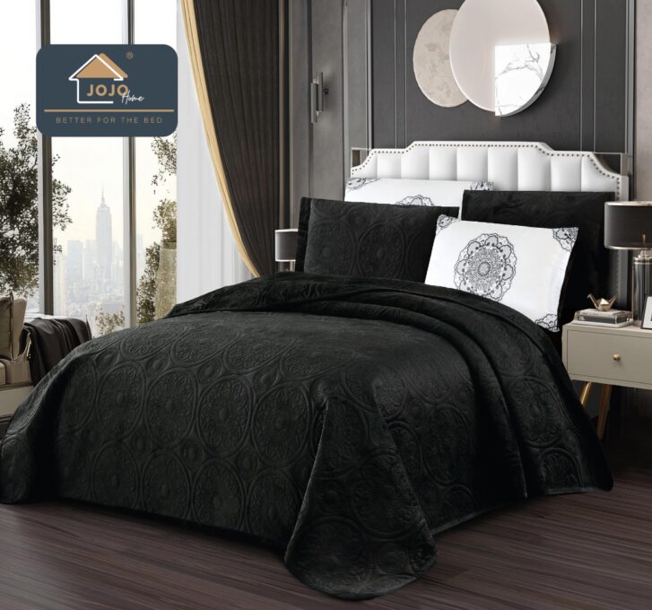 Cuvertura pat dublu, 5 piese, Finet Premium Matlasat, 220x240cm, Jojo Home, Negru