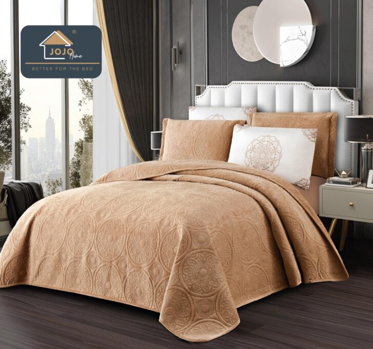 Cuvertura pat dublu, 5 piese, Finet Premium Matlasat, 220x240cm, Jojo Home, Bej