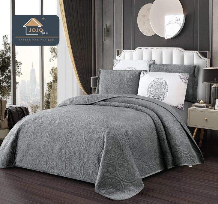 Cuvertura pat dublu, 5 piese, Finet Premium Matlasat, 220x240cm, Jojo Home, Gri Deschis