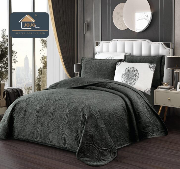 Cuvertura pat dublu, 5 piese, Finet Premium Matlasat, 220x240cm, Jojo Home, Gri Inchis
