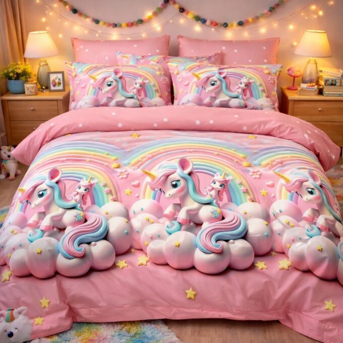 Lenjerie pat dublu, Finet, 6 piese, Roz, unicorni 1 Lenjerie pat dublu, Finet, 6 piese, Roz, unicorni
