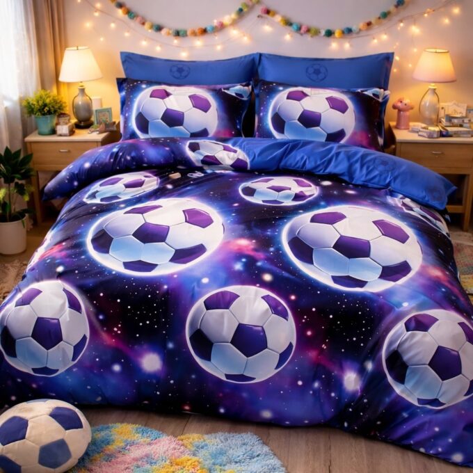 Lenjerie pat dublu cu ELASTIC, Finet, 6 piese, Albastru, mingi de fotbal 1 Lenjerie pat dublu cu ELASTIC, Finet, 6 piese, Albastru, mingi de fotbal