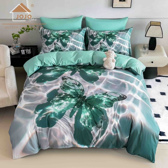 Lenjerie pat dublu, FINET, Imprimeu Digital 5D - Identic cu poza, Cu ELASTIC, 6 piese, Jojo Home, Gri, Turquoise, Fluturi 1 Lenjerie pat dublu, FINET, Imprimeu Digital 5D - Identic cu poza, Cu ELASTIC, 6 piese, Jojo Home, Gri, Turquoise, Fluturi