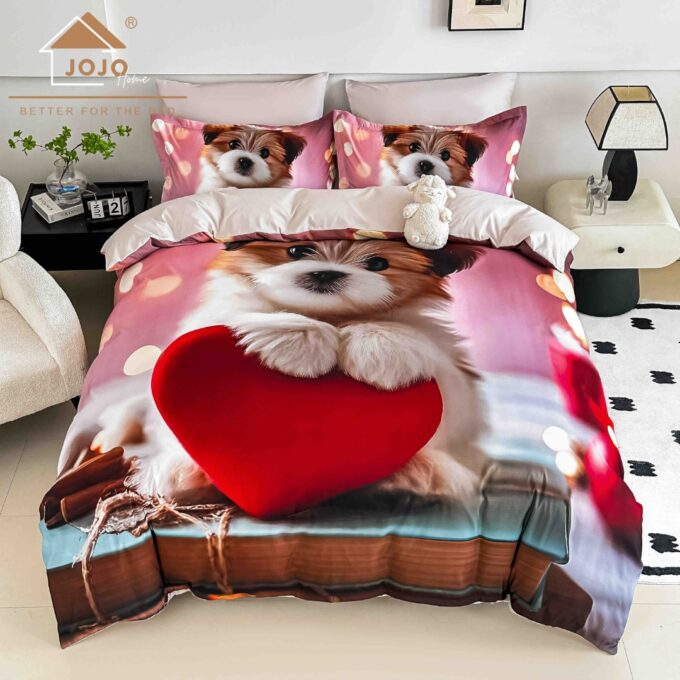 Lenjerie pat dublu, FINET, Imprimeu Digital 5D - Identic cu poza, Cu ELASTIC, 6 piese, Jojo Home, Roz, Catelus cu Inimioara 1 Lenjerie pat dublu, FINET, Imprimeu Digital 5D - Identic cu poza, Cu ELASTIC, 6 piese, Jojo Home, Roz, Catelus cu Inimioara
