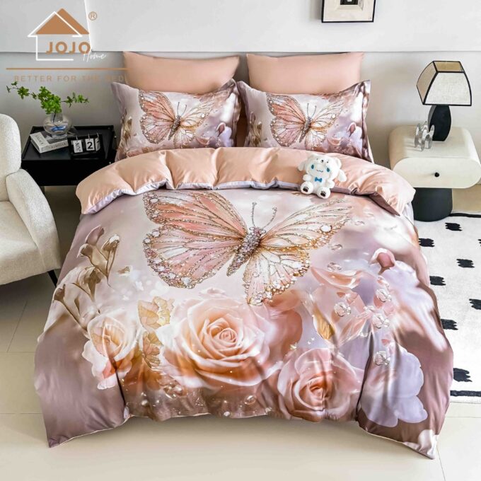 Lenjerie pat dublu, FINET, Imprimeu Digital 5D - Identic cu poza, Cu ELASTIC, 6 piese, Jojo Home, Sampanie, Trandafiri, Fluturi