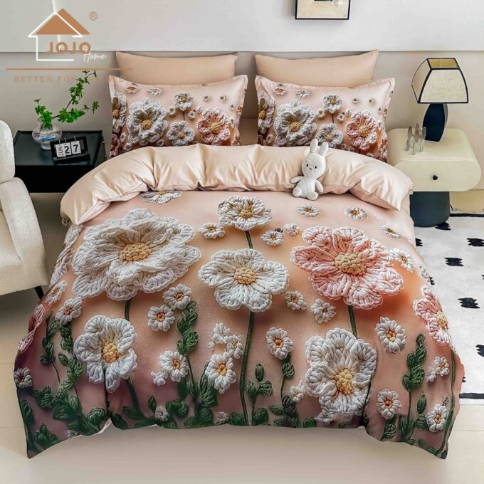 Lenjerie pat dublu, FINET, Imprimeu Digital 5D - Identic cu poza, Cu ELASTIC, 6 piese, Jojo Home, Sampanie, Flori Tricotate