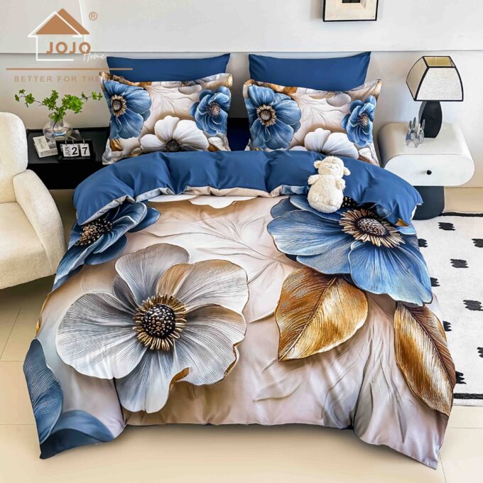 Lenjerie pat dublu, FINET, Imprimeu Digital 5D - Identic cu poza, Cu ELASTIC, 6 piese, Jojo Home, Crem, Albastru, Flori 1 Lenjerie pat dublu, FINET, Imprimeu Digital 5D - Identic cu poza, Cu ELASTIC, 6 piese, Jojo Home, Crem, Albastru, Flori