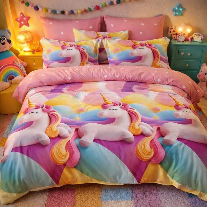 Lenjerie pat dublu, Finet, 6 piese, Multicolor, unicorni 1 Lenjerie pat dublu, Finet, 6 piese, Multicolor, unicorni