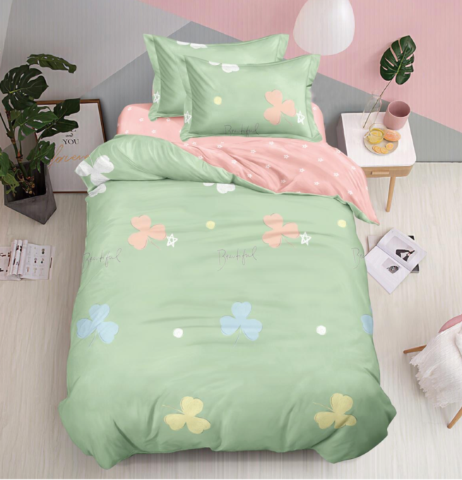 Lenjerie pat 1 PERSOANA, FINET, 4 piese, Verde, Trifoi 1 Lenjerie pat 1 PERSOANA, FINET, 4 piese, Verde, Trifoi