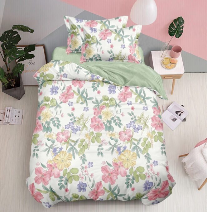 Lenjerie pat 140x200cm, FINET, 4 piese, cu ELASTIC, Alb, Verde, Roz, Flori 1 Lenjerie pat 140x200cm, FINET, 4 piese, cu ELASTIC, Alb, Verde, Roz, Flori