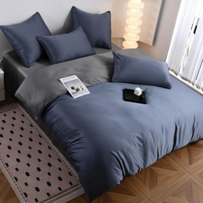 Lenjerie de pat dublu Luxury, tip Matase, 6 piese, albastru 1 Lenjerie de pat dublu Luxury, tip Matase, 6 piese, albastru