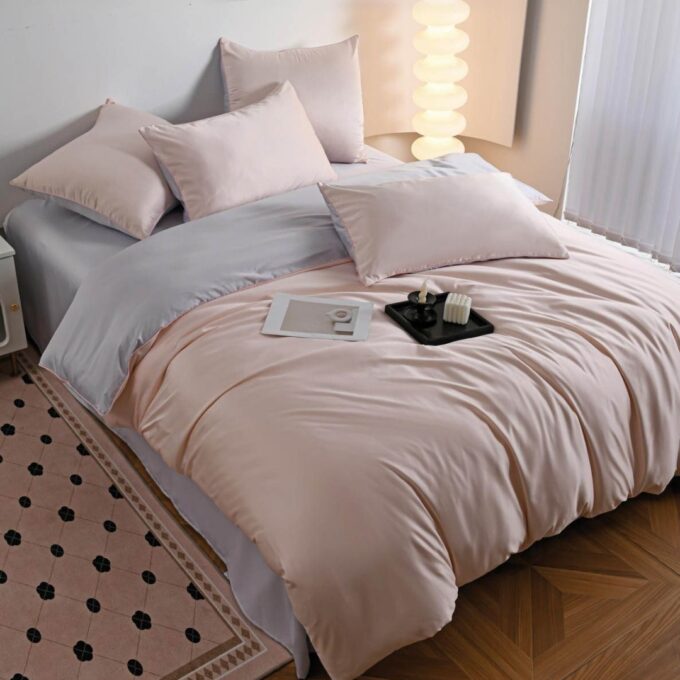 Lenjerie de pat dublu Luxury, tip Matase, 6 piese, roz 1 Lenjerie de pat dublu Luxury, tip Matase, 6 piese, roz