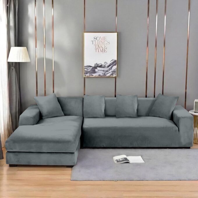 Husa elastica universala pentru coltar, Catifea Gri albastrui