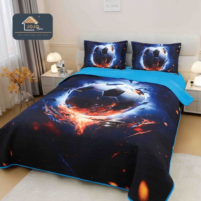 Cuvertura Matlasata, Bumbac Finet, cu Imprimeu 5D, 220x240cm + 2 fete de perna 50x70cm, Bleumarin, Minge