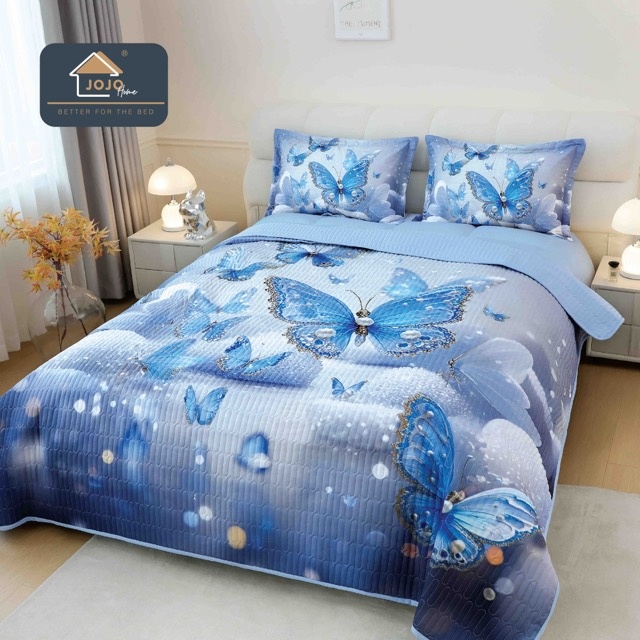Cuvertura Matlasata, Bumbac Finet, cu Imprimeu 5D, 220x240cm + 2 fete de perna 50x70cm, Bleu, Fluturi