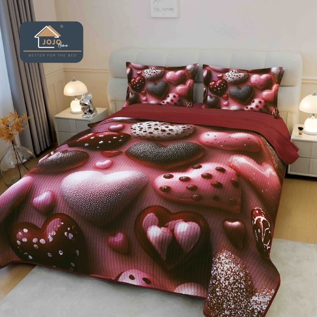Cuvertura Matlasata, Bumbac Finet, cu Imprimeu 5D, 220x240cm + 2 fete de perna 50x70cm, Roz, Maro, Inimioare de Ciocolata