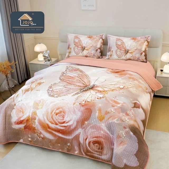 Cuvertura Matlasata, Bumbac Finet, cu Imprimeu 5D, 220x240cm + 2 fete de perna 50x70cm, Somon, Trandafiri, Fluturi