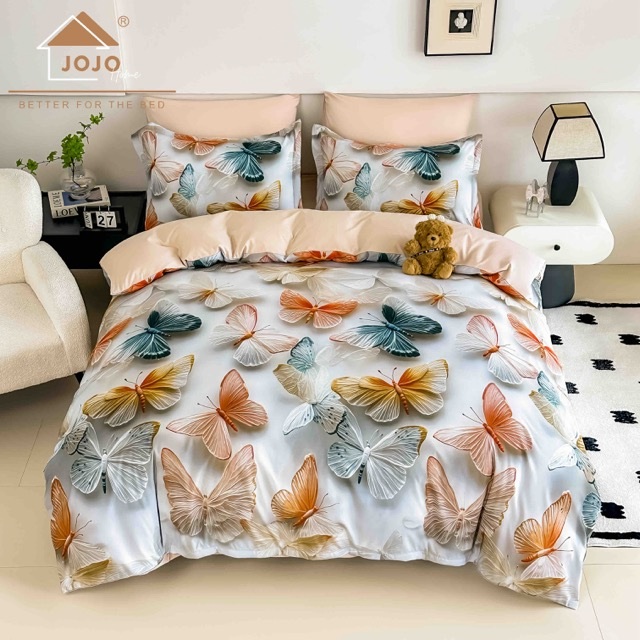 Lenjerie pat dublu, FINET, Imprimeu Digital 5D - Identic cu poza, Cu ELASTIC, 6 piese, Jojo Home, Crem, Bej, Fluturi