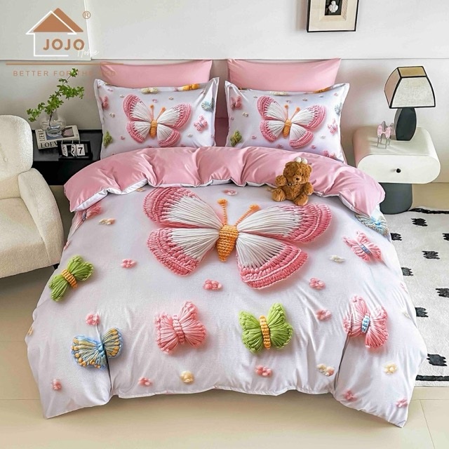 Lenjerie pat dublu, FINET, Imprimeu Digital 5D - Identic cu poza, Cu ELASTIC, 6 piese, Jojo Home, Alb, Roz, Fluturi 1 Lenjerie pat dublu, FINET, Imprimeu Digital 5D - Identic cu poza, Cu ELASTIC, 6 piese, Jojo Home, Alb, Roz, Fluturi
