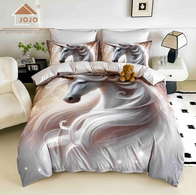 Lenjerie pat dublu, FINET, Imprimeu Digital 5D - Identic cu poza, Cu ELASTIC, 6 piese, Jojo Home, Alb, Gri, Unicorn 1 Lenjerie pat dublu, FINET, Imprimeu Digital 5D - Identic cu poza, Cu ELASTIC, 6 piese, Jojo Home, Alb, Gri, Unicorn