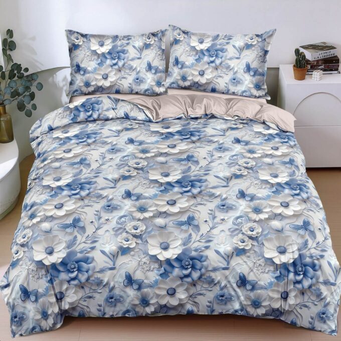 Lenjerie pat dublu bumbac satinat - 3 Bucati 219 Lei - Albastru floricele 1 Lenjerie pat dublu bumbac satinat - 3 Bucati 219 Lei - Albastru floricele