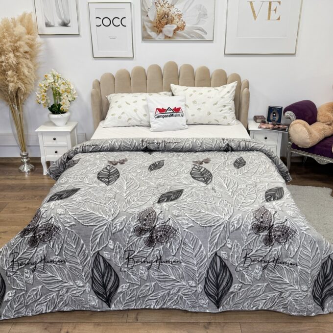 Patura pufoasa cocolino 200x230cm, 240g/mp, Gri, Frunze