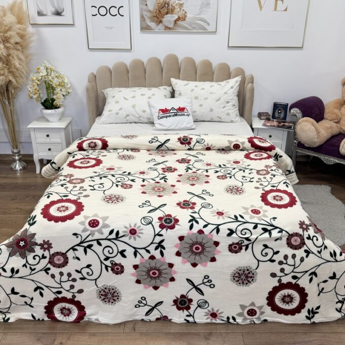 Patura pufoasa cocolino 200x230cm, 240g/mp, Bej, Flori