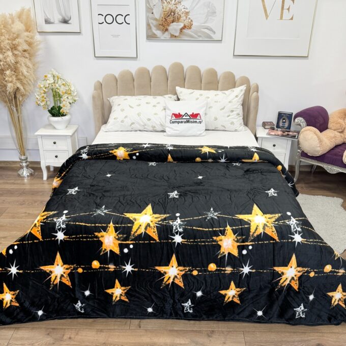 Patura pufoasa cocolino 200x230cm, 240g/mp, Negru, Stelute