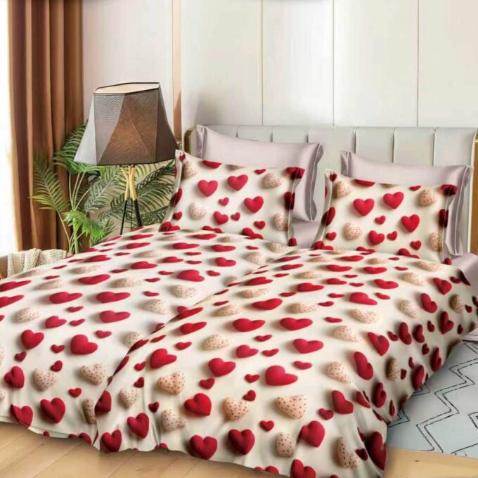 Lenjerie de Pat, 7 Piese, Bumbac Satinat Superior, cu 2 Pilote, Crem, inimioare 1 Lenjerie de Pat, 7 Piese, Bumbac Satinat Superior, cu 2 Pilote, Crem, inimioare