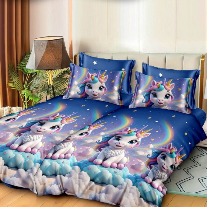 Lenjerie de Pat, 7 Piese, Bumbac Satinat Superior, cu 2 Pilote, Albastru, unicorni 1 Lenjerie de Pat, 7 Piese, Bumbac Satinat Superior, cu 2 Pilote, Albastru, unicorni