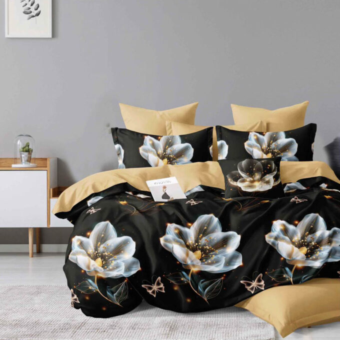 Lenjerie pat dublu, Finet, 6 piese, Negru, flori 1 Lenjerie pat dublu, Finet, 6 piese, Negru, flori