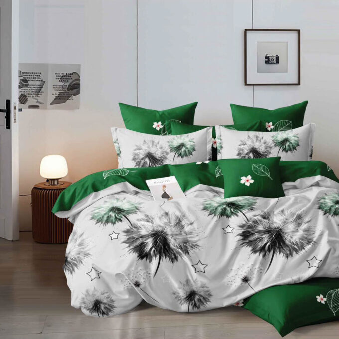 Lenjerie pat dublu, Finet, 6 piese, Alb, Verde, flori 1 Lenjerie pat dublu, Finet, 6 piese, Alb, Verde, flori