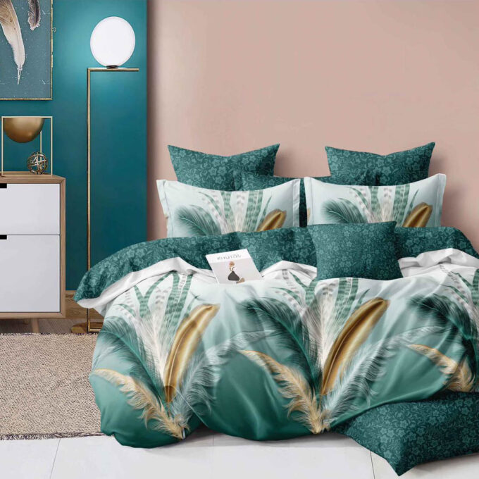 Lenjerie pat dublu, Finet, 6 piese, Verde, pene 1 Lenjerie pat dublu, Finet, 6 piese, Verde, pene