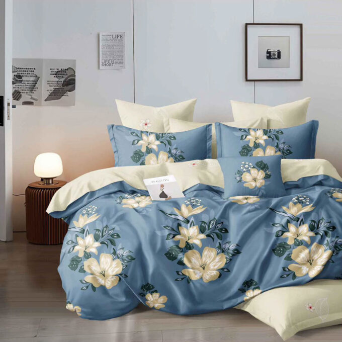 Lenjerie pat dublu, Finet, 6 piese, Albastru, Crem, flori 1 Lenjerie pat dublu, Finet, 6 piese, Albastru, Crem, flori