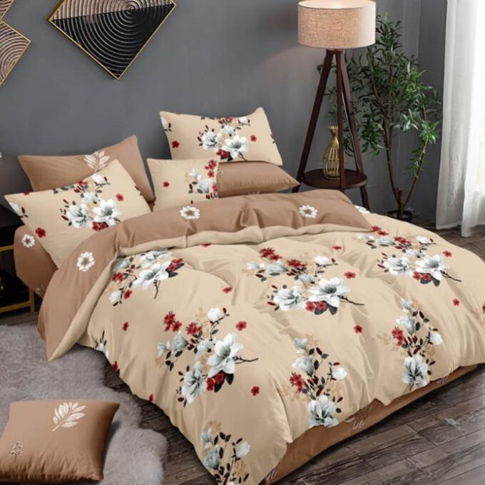 Lenjerie pat dublu cu ELASTIC, Finet, 6 piese, Bej, flori 1 Lenjerie pat dublu cu ELASTIC, Finet, 6 piese, Bej, flori